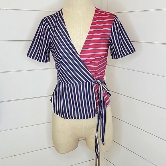 BCBGeneration xxs red blue white stripe wrap blouse - Picture 1 of 4